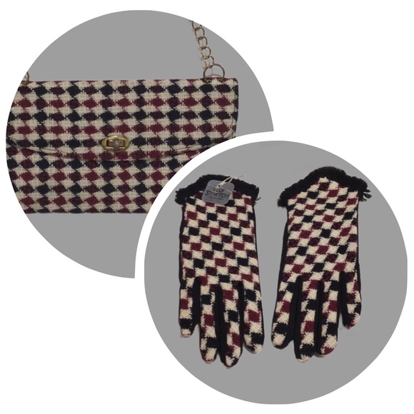 Handbags - Vintage Woven Envelope Shoulder Bag and Gloves Set, Maroon/Black/Cream, 3-Pieces
